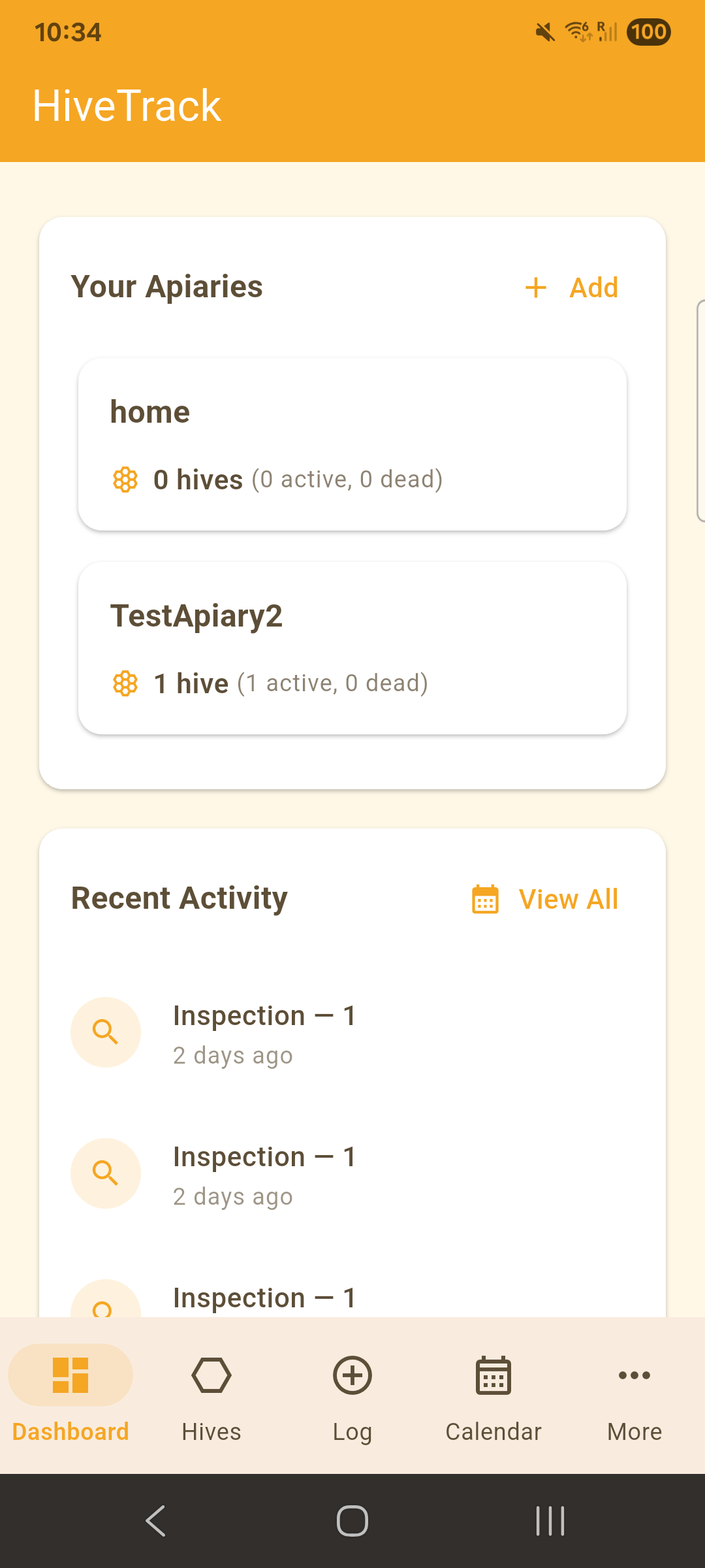 HiveTrack dashboard showing apiaries and recent activity